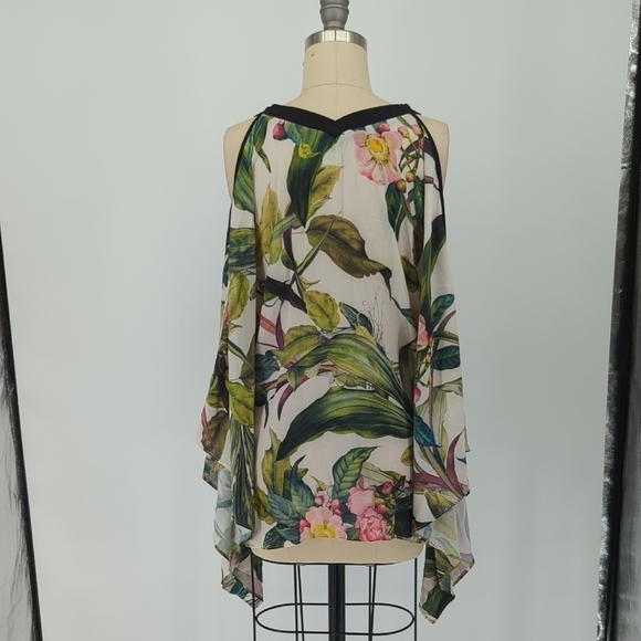 Alberto Makali Tropical Cold Shoulder Top Green Red XS bohemian coastal grandma - Picture 2 of 8